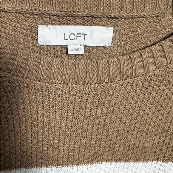 LOFT Tan & White Striped Cotton Sweater Women’s Size M | Neutral Everyday - Picture 4 of 6